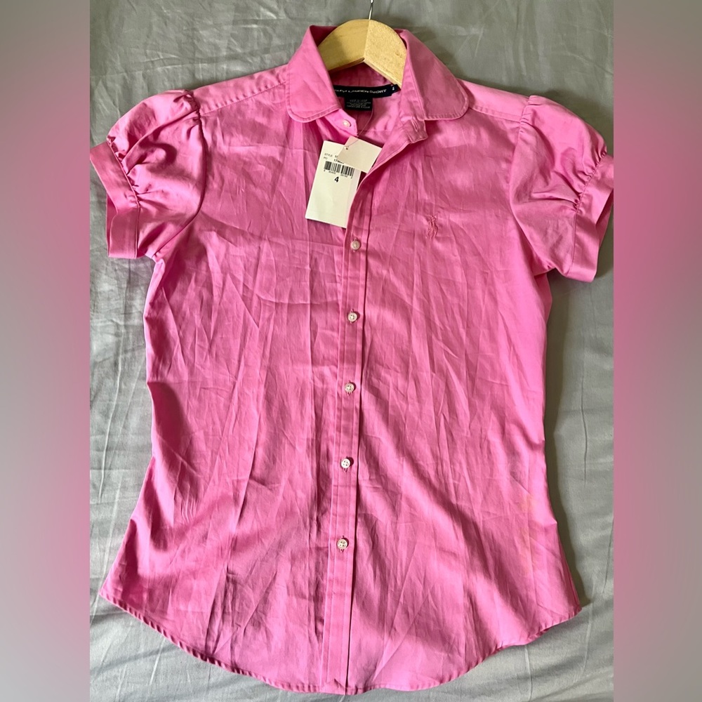 Ralph Lauren Sport Pink Short Sleeve button down blouse Size 4. NWT
